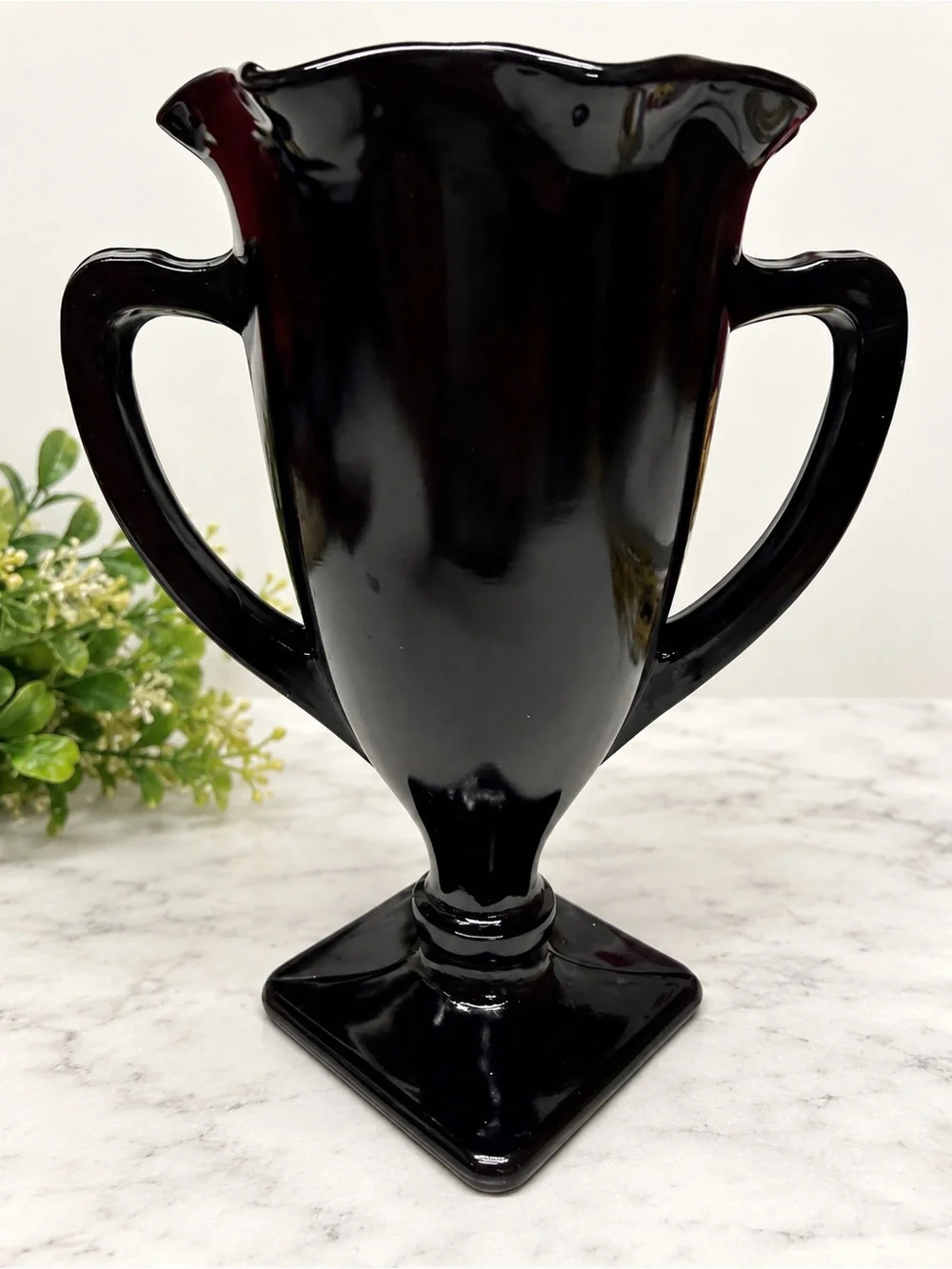 Vintage Black Amethyst Glass Double Handle Vase Urn Dancing Lady Art Deco